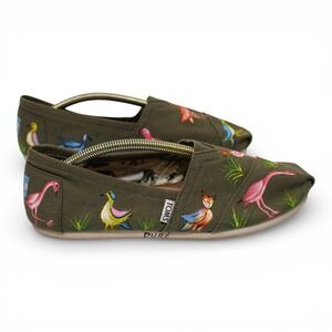 TOMS Alpargata Women 9.5 Olive Green Good Hand Painted Bird Flamingo Slip On